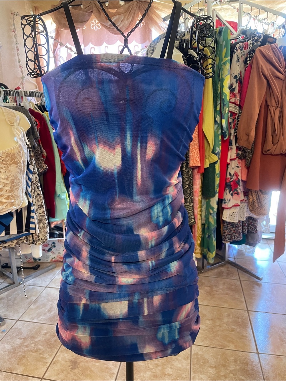 Blue Abstract Print Ruched Mini Dress